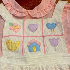 Vintage white corduroy jumper with pink gingham ruffled collar button top. 3T